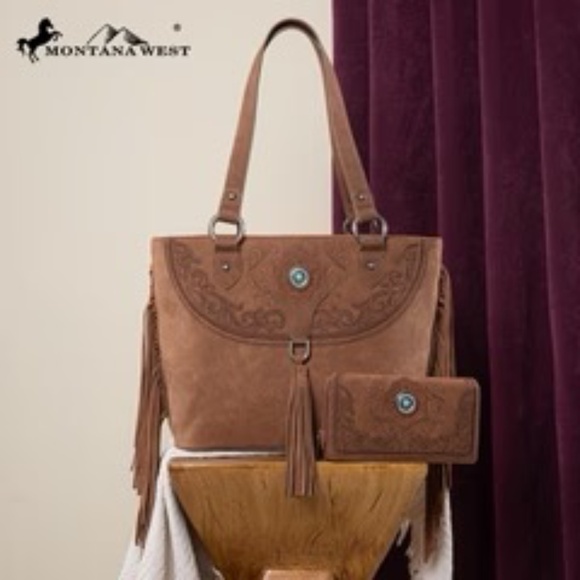 Montana West Embroidered Concealed Carry Tote with Wallet Set Brown NWT - Picture 1 of 3